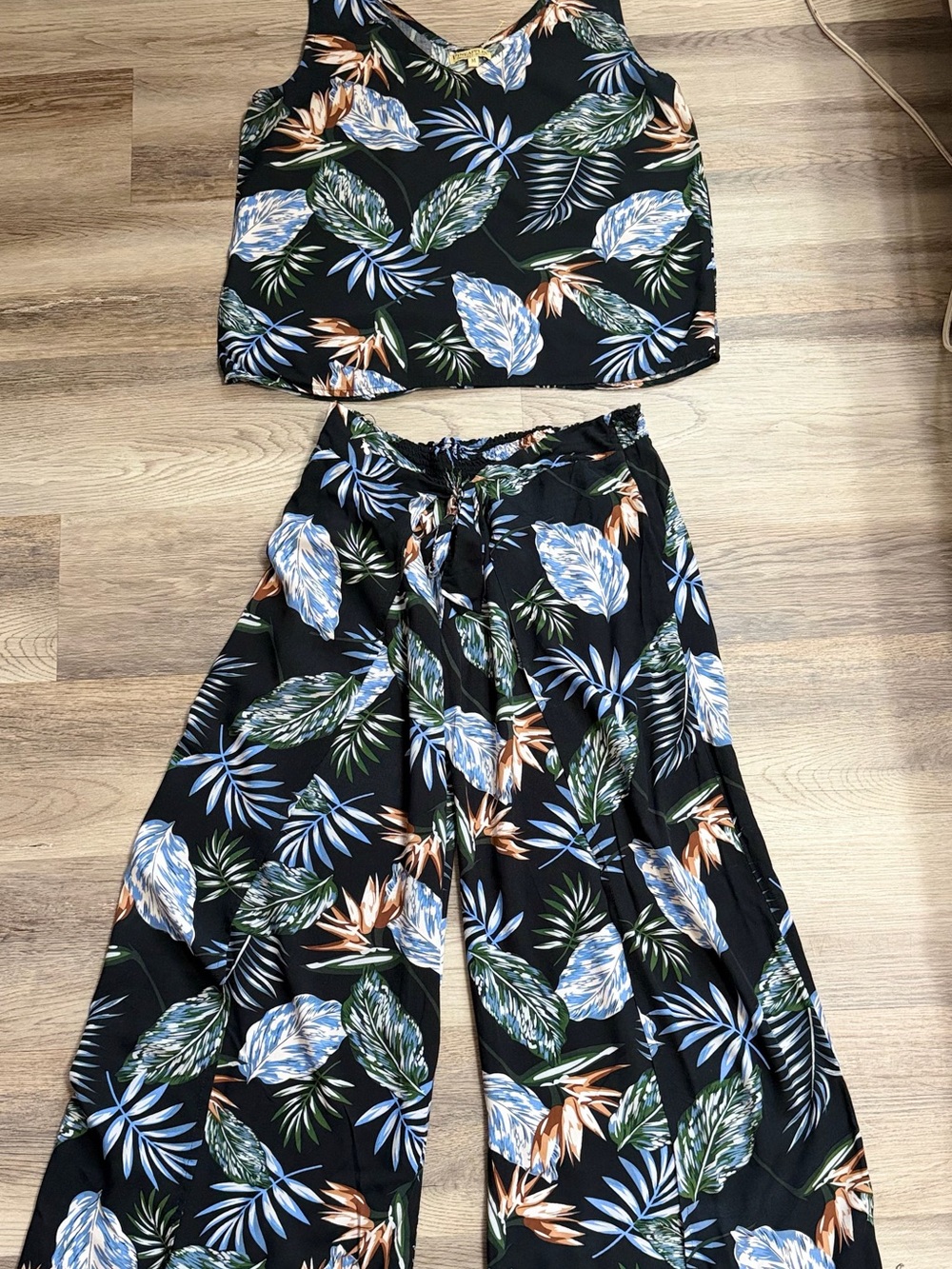 Tropical Wide-Leg Pants — Black with Blue & Green Leaf Print two piece set